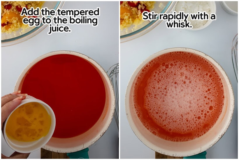 Two image collage of adding the tempered egg to the fruit salad sauce and whisking it together with text overlay.