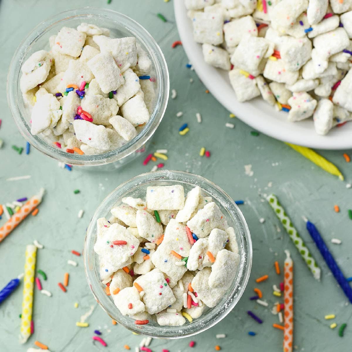 Overhead views of bowls of birthday cake puppy chow surrounded by sprinkles and candles.