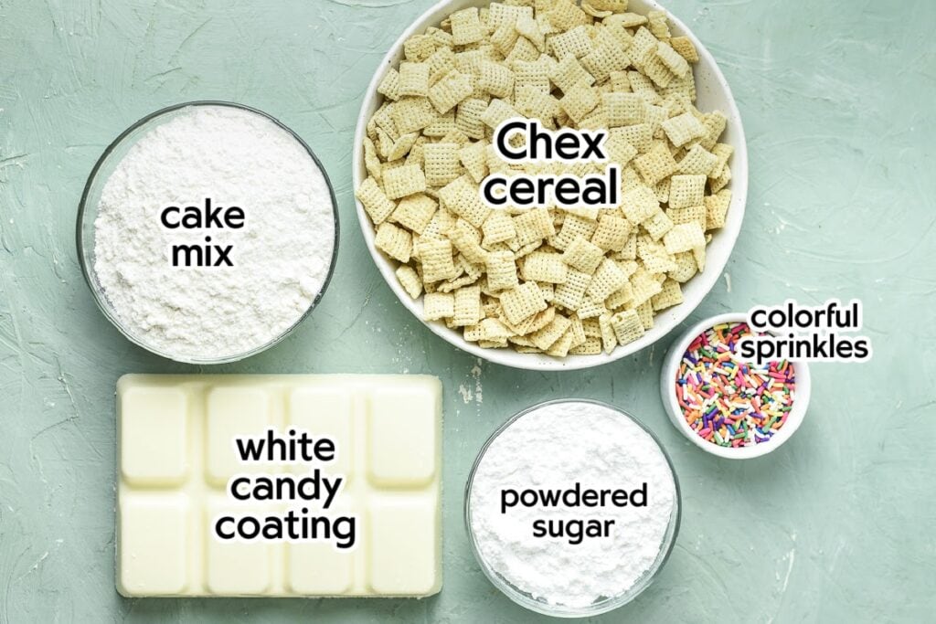 Ingredients to make the birthday cake puppy chow recipe with text labels.
