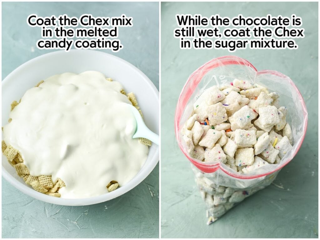 Side-by-side images of coating the Chex cereal with melted white chocolate candy and combining it with the powdered sugar mixture with text overlay.
