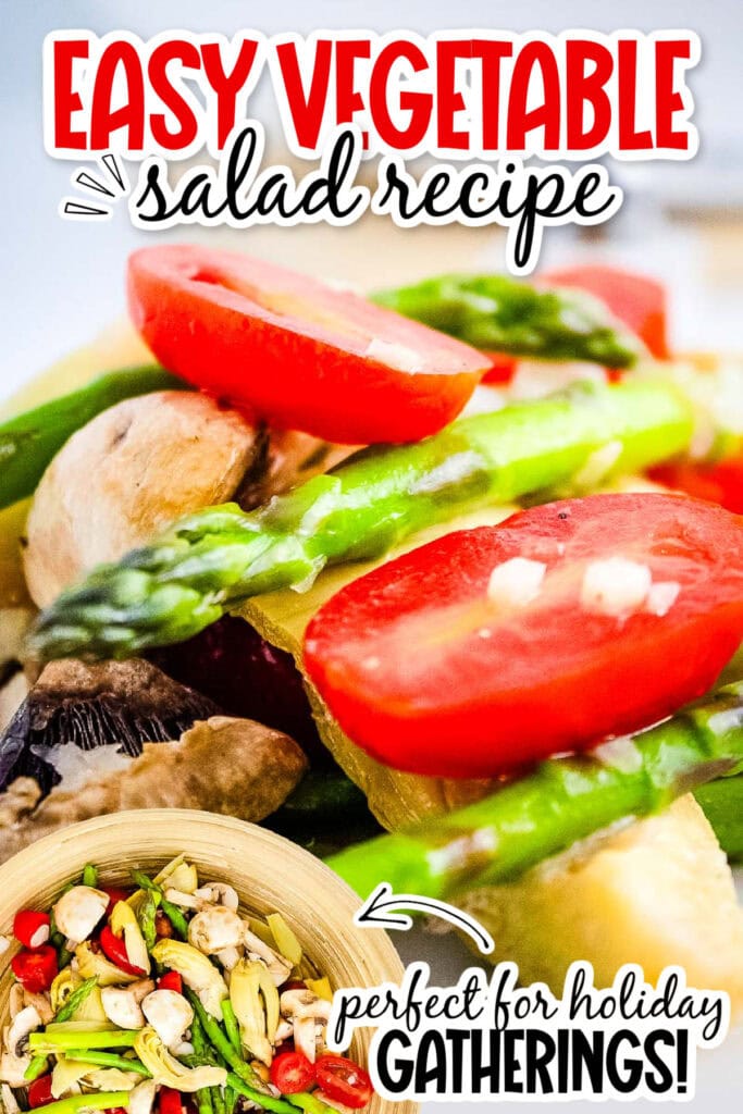 Two photo collage of summer vegetable salad in a bowl and a closeup view with text overlay.