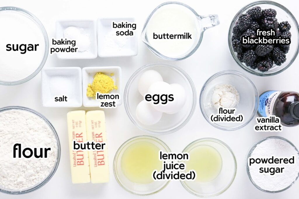 Ingredients needed to make the blackberry lemon bundt cake recipe with text labels.