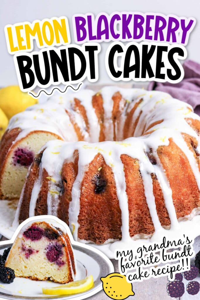 Two photo collage of closeup view of blackberry lemon cake with a slice removed and a cake slice on a plate with fruit garnishes with graphic overlay.