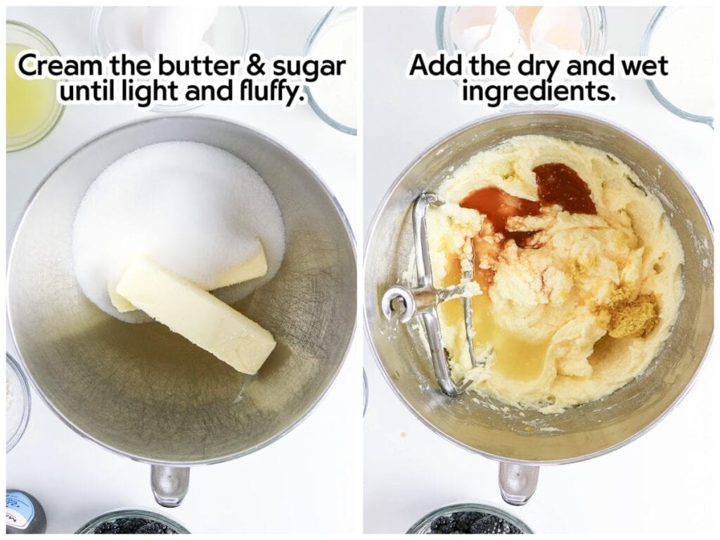 Two photo collage of creaming the butter and sugar together and combining the wet and dry ingredients to make the bundt cake batter with text overlay.