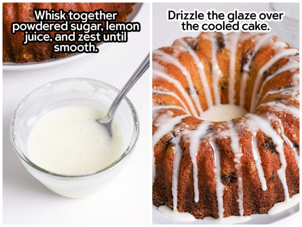 Two photo collage of making the lemon glaze and drizzling it over the freshly baked lemon blackberry cake with text overlay.