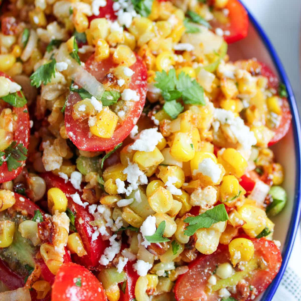 close up of charred corn salad recipe in a bowl