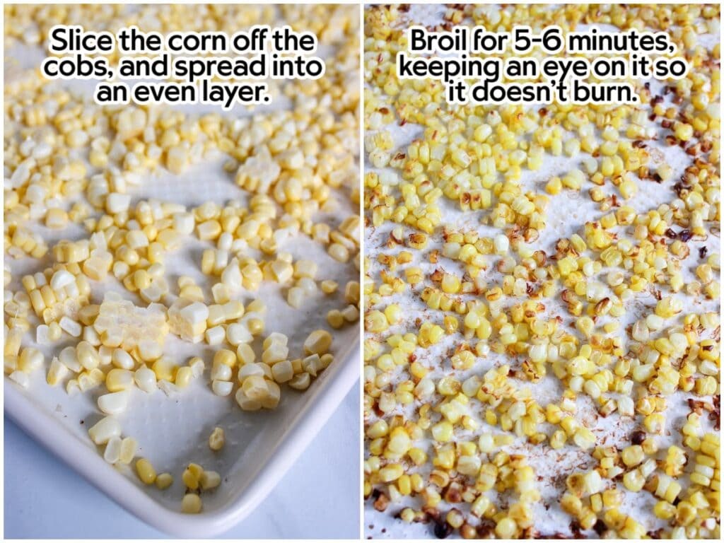 Two photo collage of corn kernels cut off the cob and spread out on a baking sheet to broil with text overlay.
