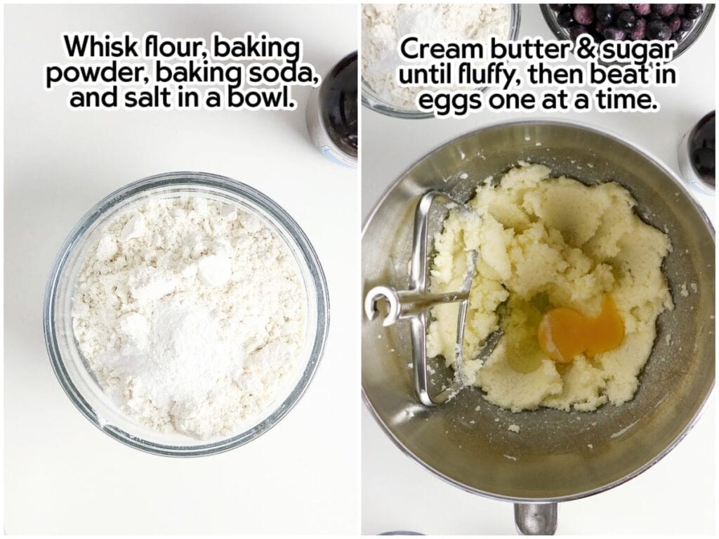 Two photo collage of a bowl filled with dry ingredients and a bowl of butter and eggs being combined with text overlay.