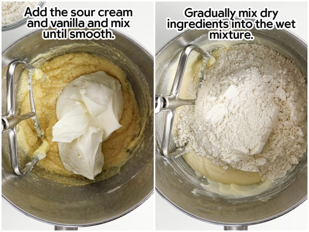 Side by side images of mixing in the sour cream and vanilla and then also mixing in the remaining ingredients to create the cake batter with text overlay.