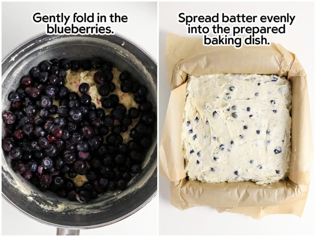 Two image collage of adding the blueberries and then pouring the coffee cake batter into the pan with text overlay.