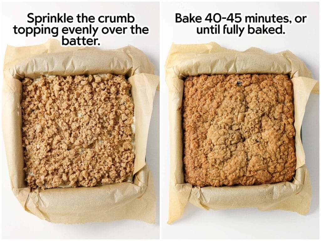 Side by side images of sprinkling the crumb topping over the batter and the blueberry and sour cream coffee cake after baking with text overlay.