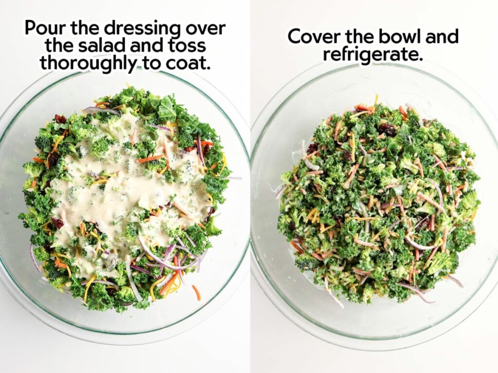 Two photo collage of adding the dressing ingredients to the kale salad mixture and tossing the salad to coat in dressing with text overlay.