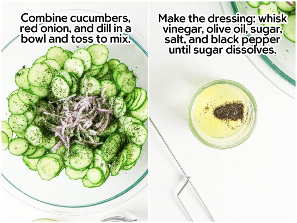 Side by side images of bowl of sliced cucumbers, red onion and fresh dill and a small bowl filled with the vinegar dressing ingredients with text overlay.