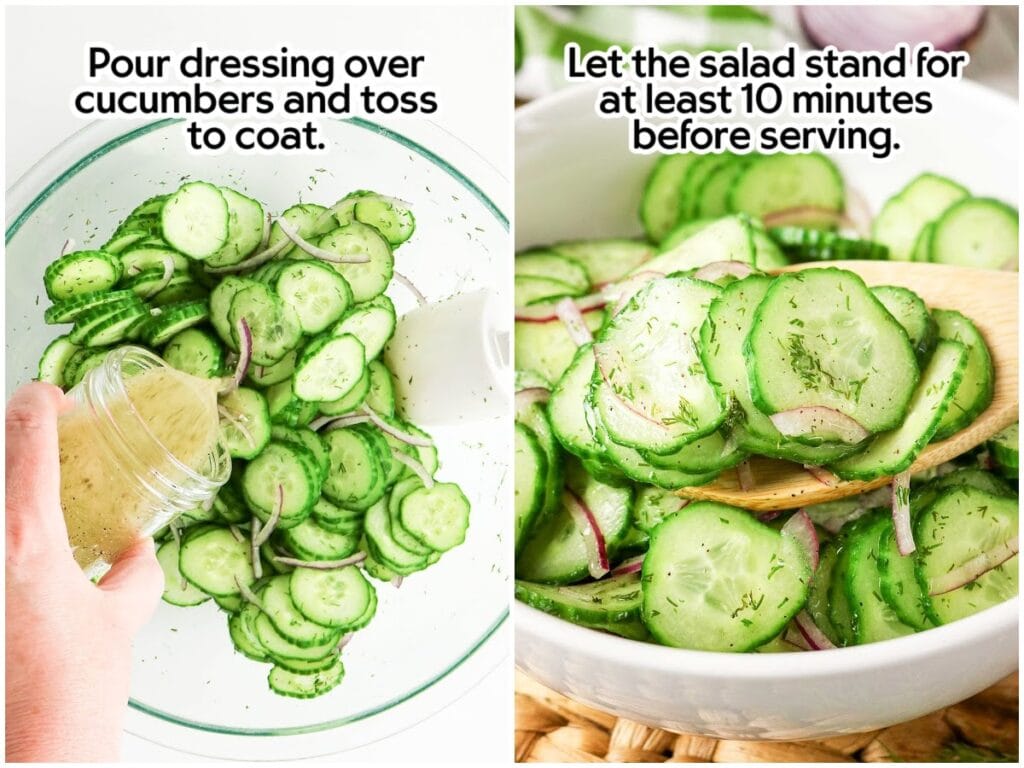 Two photo collage of adding the dressing to the sliced vegetables and the dill cucumber salad transferred to a serving bowl with text overlay.
