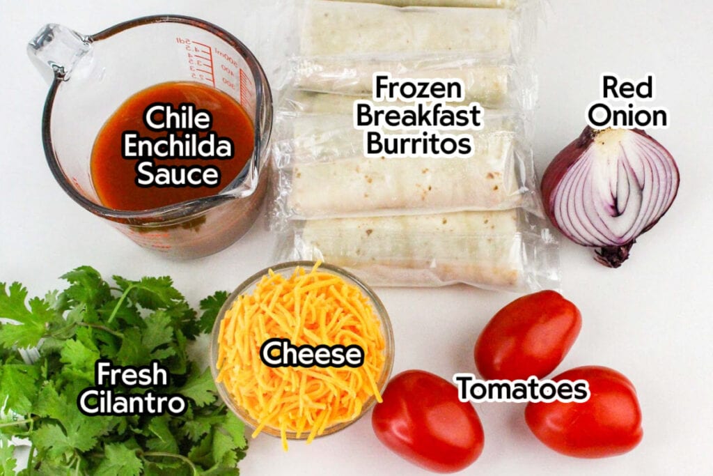 Ingredients needed to make the burrito breakfast casserole recipe with text labels.