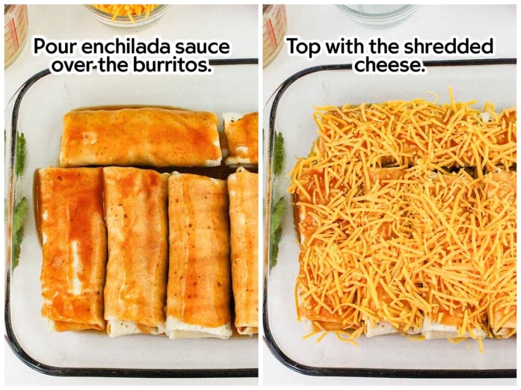 Side by side images of the frozen burritos topped with red enchilada sauce and then adding cheese on top with text labels.