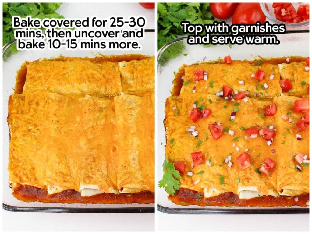 Two photo image of the cooked breakfast burrito bake in a clear baking dish and after adding the garnishes on top with text overlay.