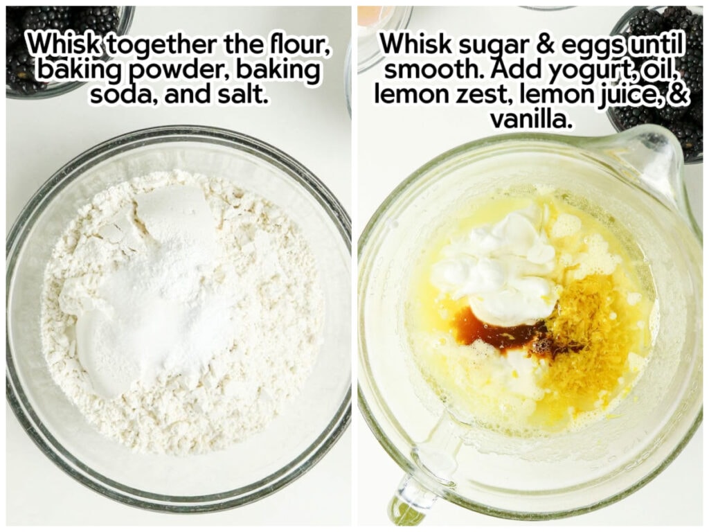 Side by side images of mixing the dry ingredients together and combining the wet ingredients in a separate mixing bowl with text overlay.