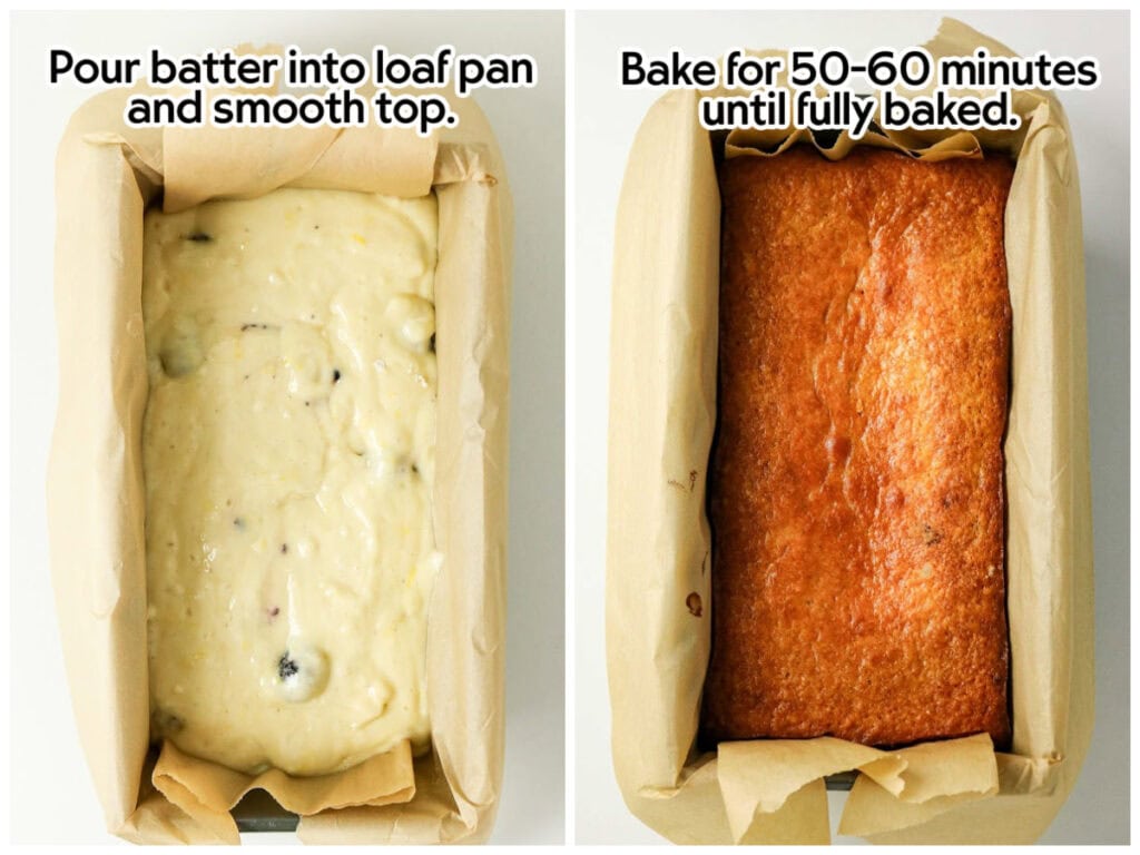 Two photo collage of pouring the lemon blackberry bread batter into the pan and then baking it until golden brown with text overlay.