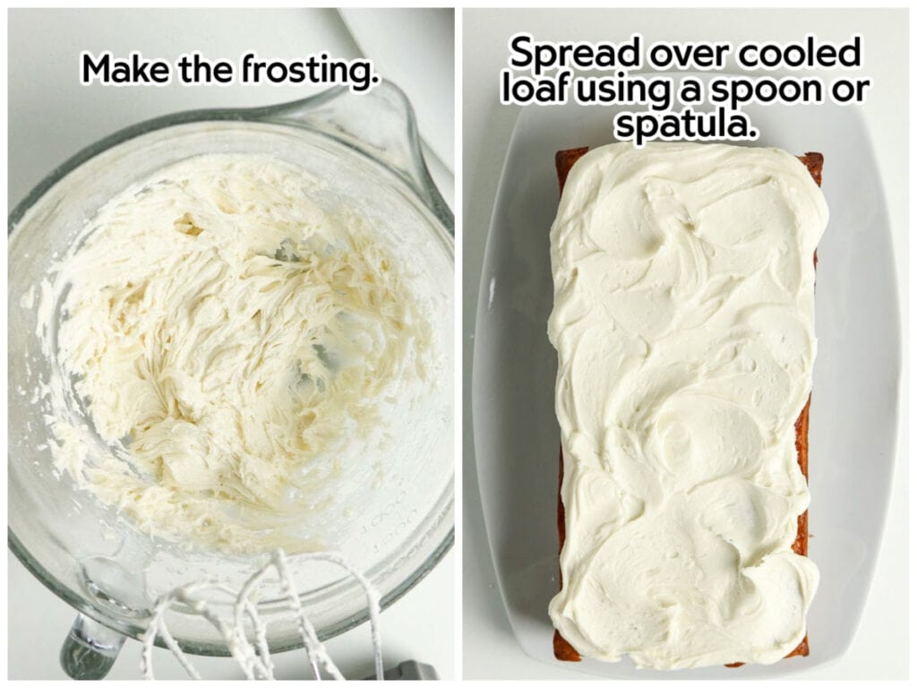 Side by side photos of making the frosting and then spreading it over the top of the baked bread with text overlay.