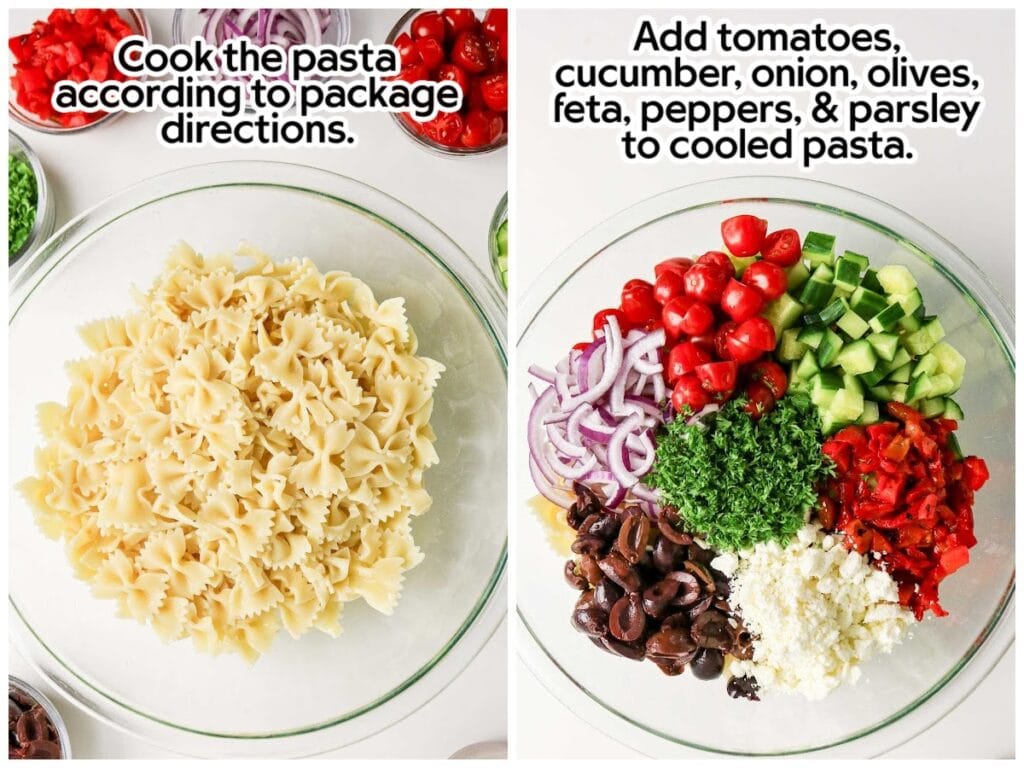 Two photo collage of cooked bowtie pasta in a clear mixing bowl and then adding the remaining salad ingredients with text overlay.