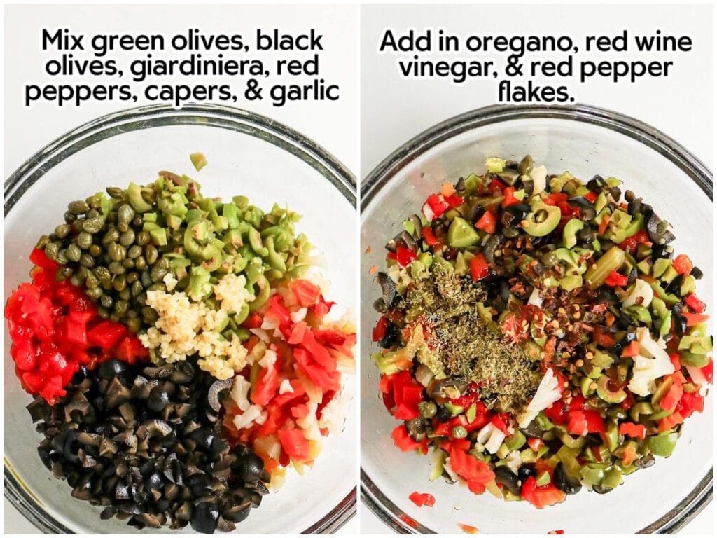 Side by side images of adding the chopped olives and ingredients to a bowl and adding the remaining salad ingredients with text labels.