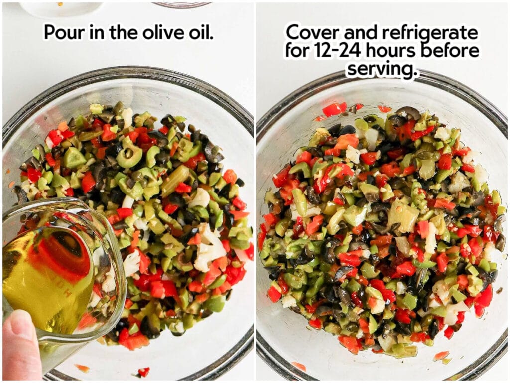 Two photo collage of adding the vinegar and oil dressing to the chopped olive salad and tossing to coat the ingredients with text overlay.