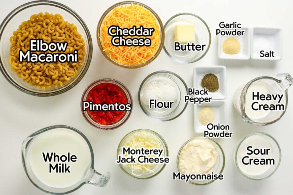 Ingredients needed to make the Pimento Mac and Cheese recipe with text labels.
