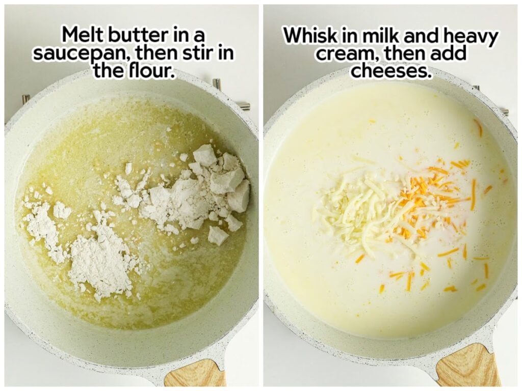 Two photo collage of melting butter and adding flour to make a roux, and then adding in the dairy products to create the sauce with text overlay.