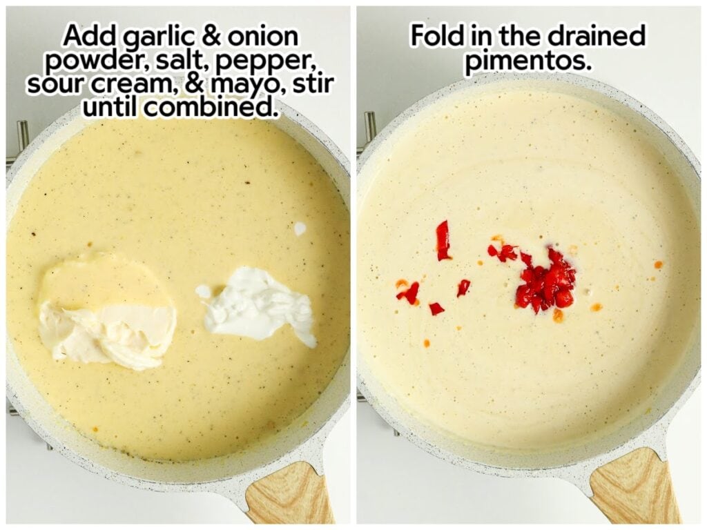 Side by side images of adding the seasonings, sour cream and mayo to the sauce and stirring in the pimentos with text labels.