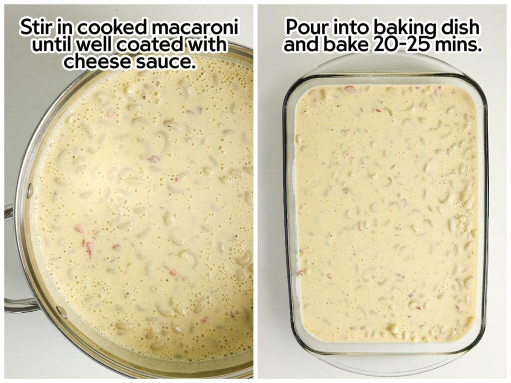 Two photo collage of adding the cooked noodles to the sauce mixture and then pouring it into a baking dish, with text overlay.