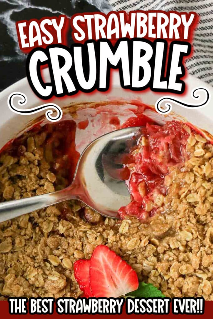Pinterest image showing a spoon scooping the easy strawberry crumble dessert with text overlay.