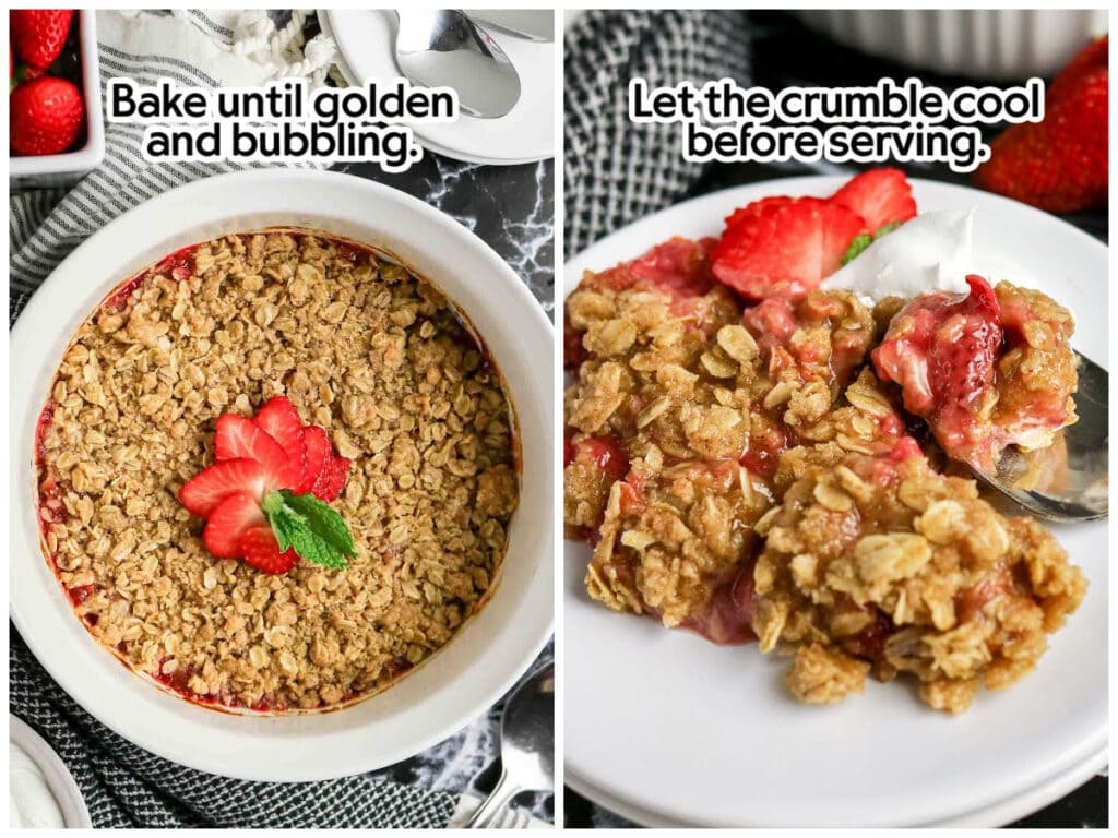 Two photo collage of the baked strawberry crunch crumble in a baking dish and a scoop of crumble on a white plate with text overlay.