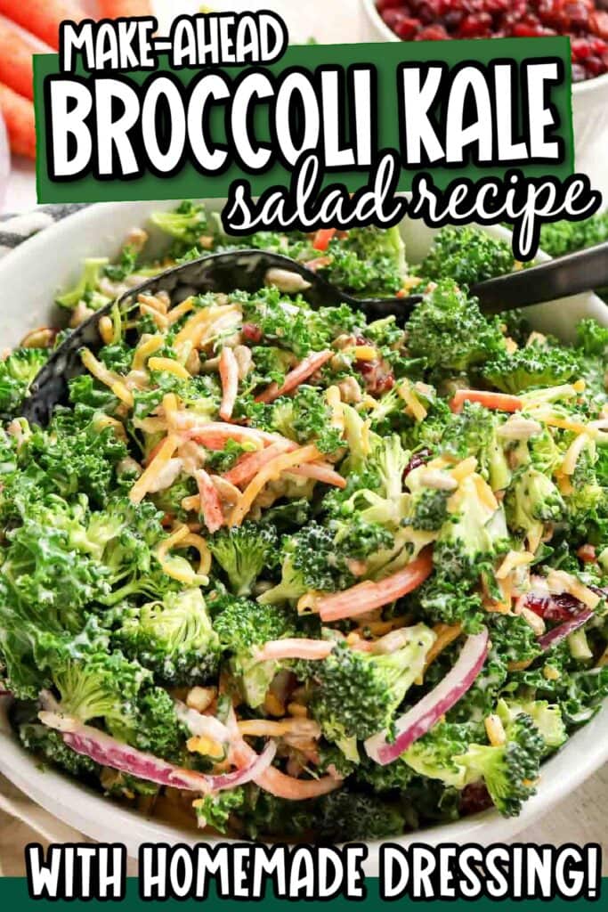 Bowl of Kale Broccoli Salad with graphic overlay in a bowl.