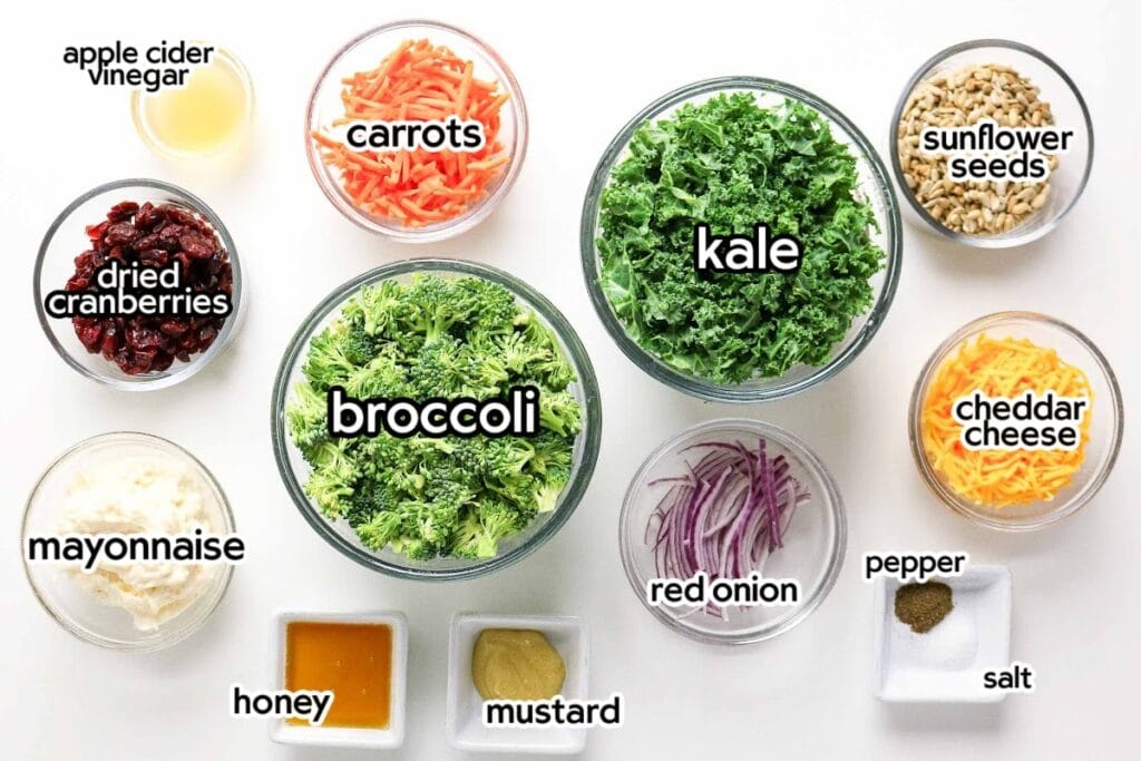 Ingredients needed to make Broccoli and Kale Salad with text labels.