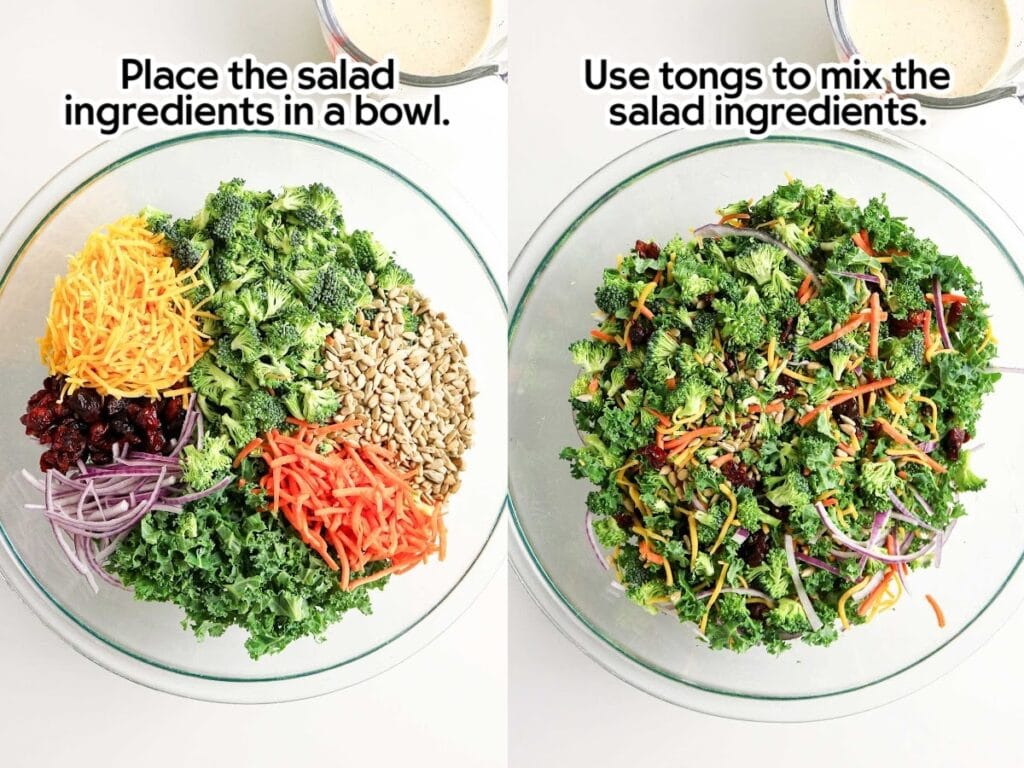 Side by side images of adding the chopped veggies and other salad ingredients to the bowl and then mixing them together with text overlay.