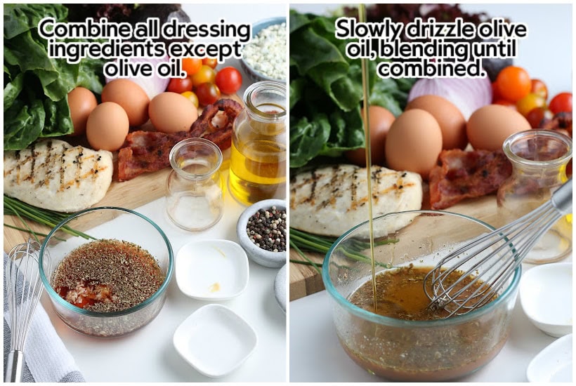 Side by side images of making the Cobb Salad dressing in a bowl with text overlay.