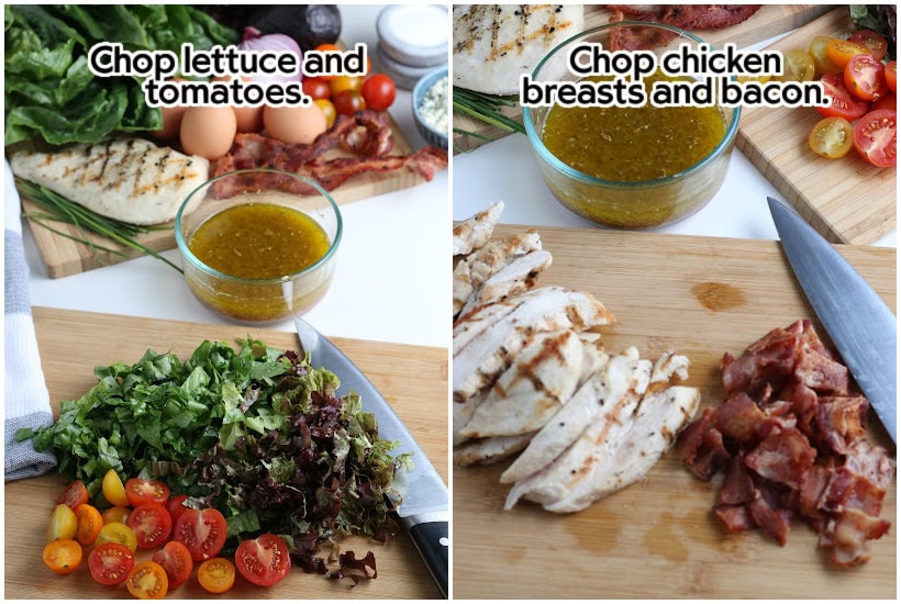 Two photo collage of chopping the vegetables, chicken and bacon with text overlay.