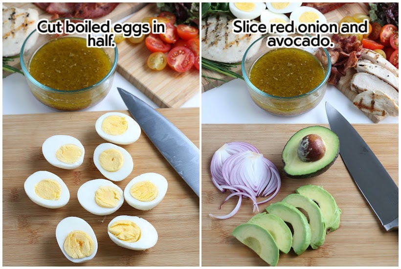 Two photo collage of cutting boiled eggs in half and slicing the red onion and avocado with text labels.