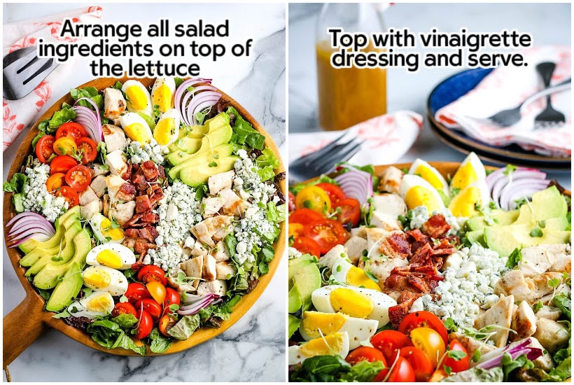 Side by side photos of the Cobb Salad in a serving bowl with text overlay.