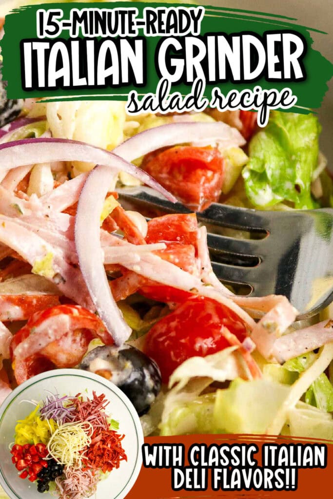 Two photo Pinterest image that shows a closeup view of a bite of Italian Sub Salad and an image of the ingredients before mixing together with text overlay.