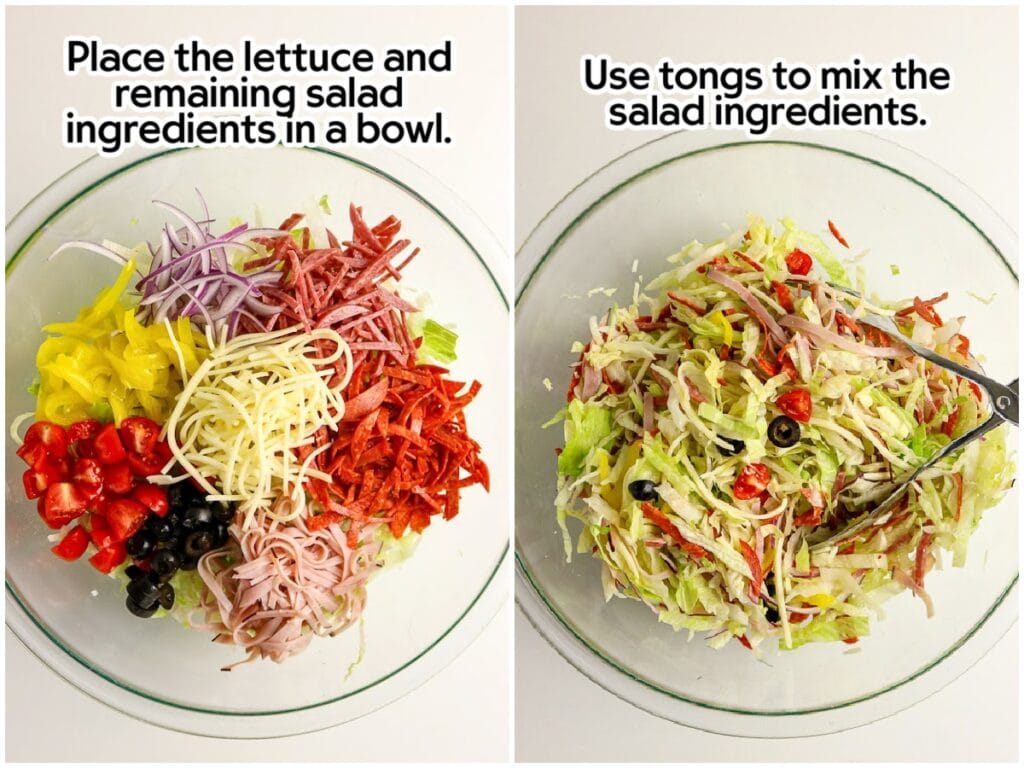 Two photo collage of the sliced deli meats, cheese and vegetables in a bowl and tossing them together with text overlay.