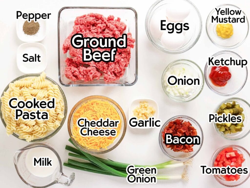 Ingredients needed to make the bacon cheeseburger bake recipe with text labels.