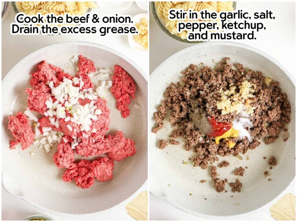 Two photo collage of cooking the ground beef and onion and then stirring in the seasonings with text labels.