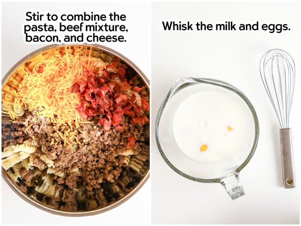 Side by side images of the hot dish ingredients in a bowl and stirring the egg and milk together with text overlay.