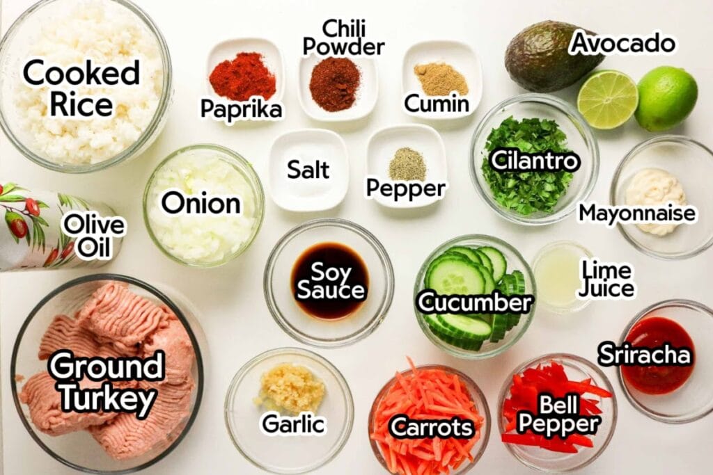 Ingredients needed to make ground turkey rice bowls with text labels.