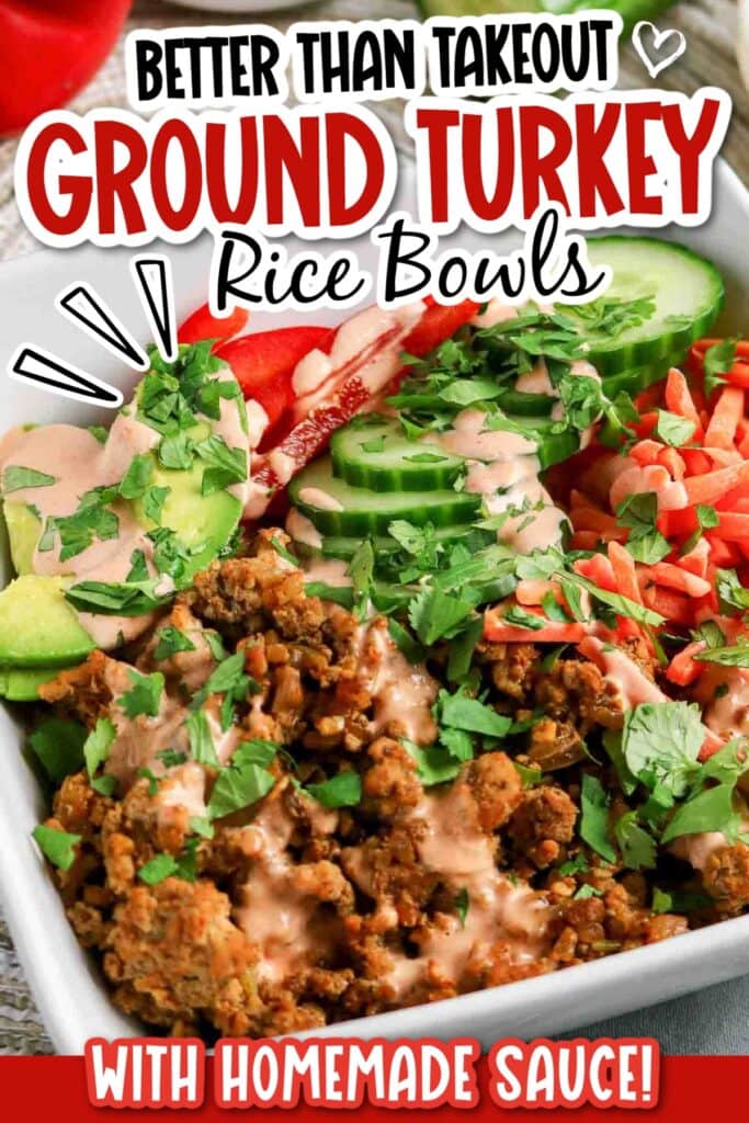 Closeup view of a ground turkey rice bowl garnished with chopped cilantro and creamy Sriracha sauce with text overlay.