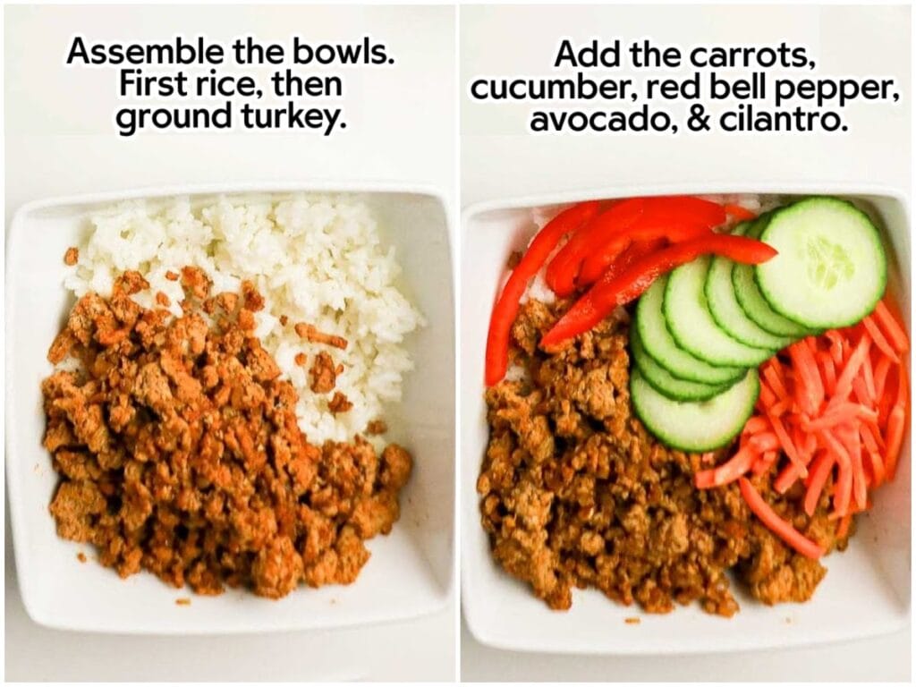 Side by side images of ground turkey and rice in a bowl and adding the vegetables with text labels.