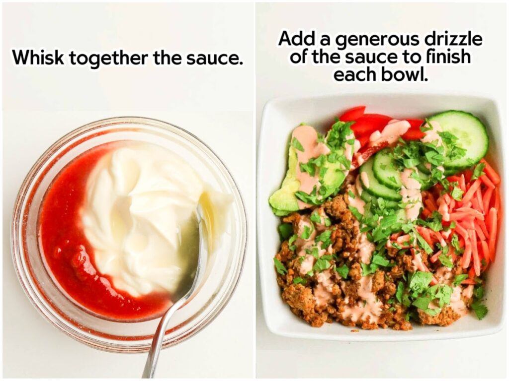 Two photo collage of mixing the creamy Sriracha sauce in a small bowl, and then adding the sauce over a rice and ground turkey bowl with text overlay.