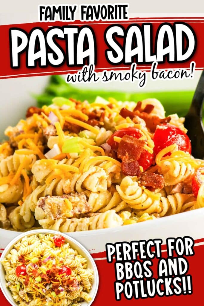 Two image collage of cold bacon pasta salad with cheese, tomatoes, and onion with text overlay.